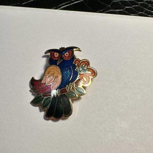 Enamel In Cloisonné Style Brooch Pin Gold Tone Set - Owl Bird